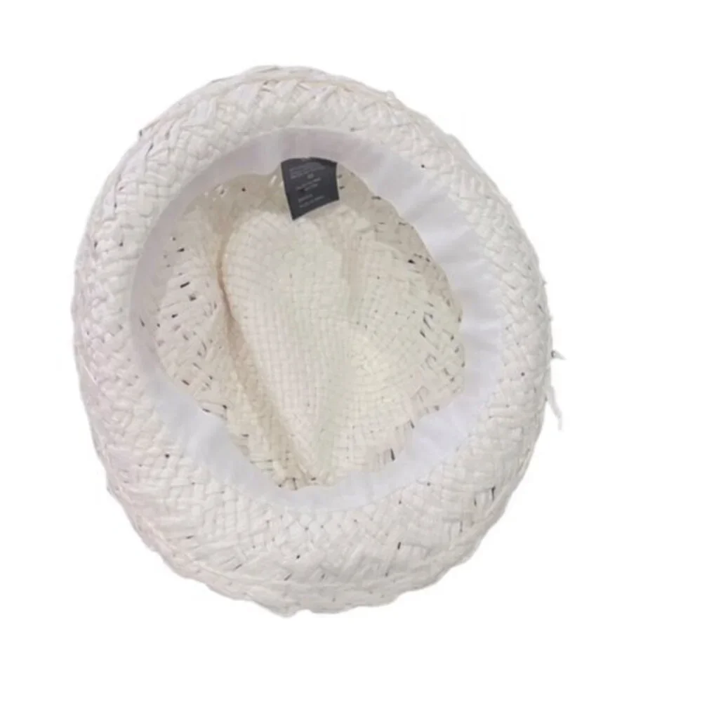 White Paper Bucket Hat Beige Ribbon Summer Sun Beaded Beach Pool Vacation Travel